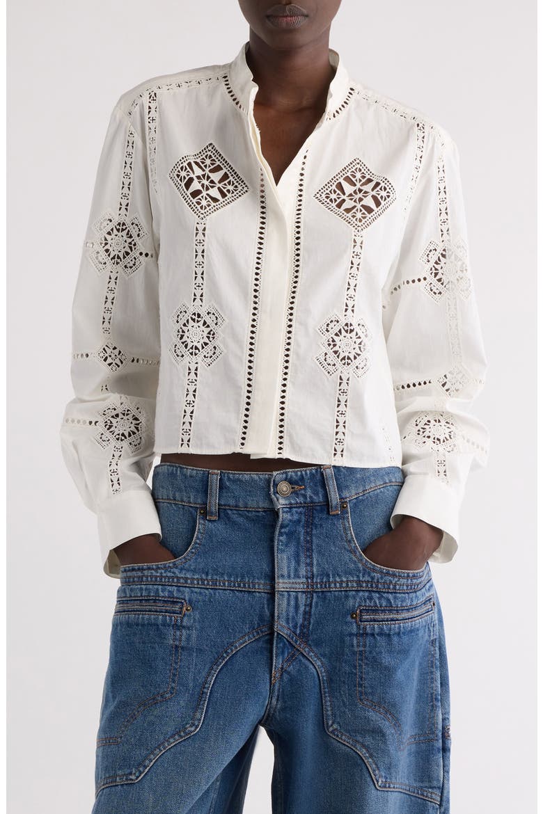 Serena Openwork Embroidered Cotton Button-Up Shirt, Main, color, WHITE