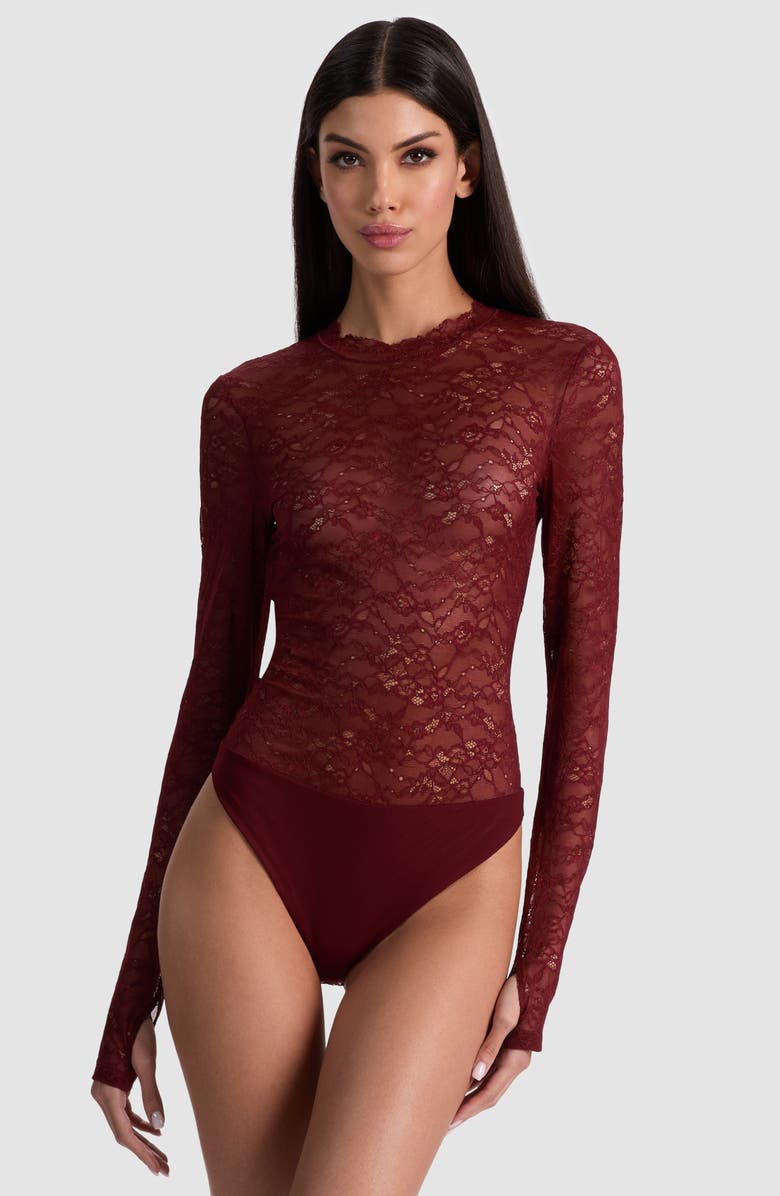 Alice + Olivia Taeyn Lace Bodysuit, Alternate, color, Oxblood