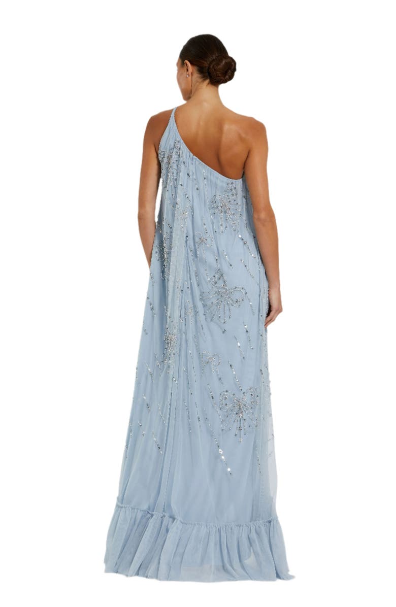 Mac Duggal Bow Embellished Mesh One Shoulder High Low Gown, Alternate, color, Powder Blue