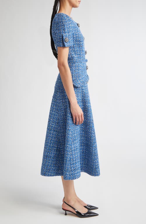 Carolina Herrera Crystal Button-front Tweed Midi Dress With Belt In Blue
