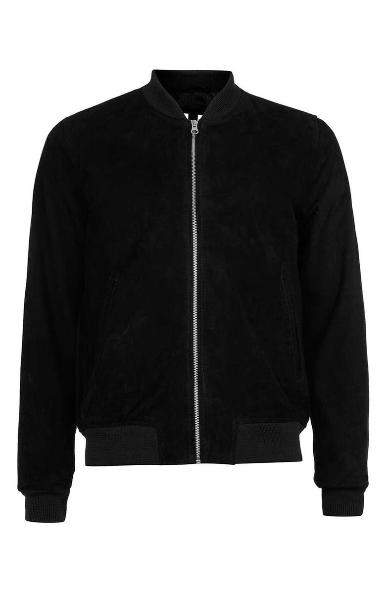 Topman Black Suede Bomber Jacket, Alternate, color, 