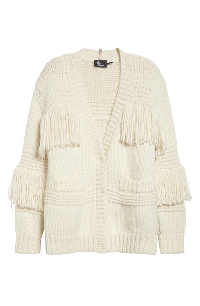 Moncler Grenoble Fringe Trim Wool Blend Cardigan, Alternate, color, White