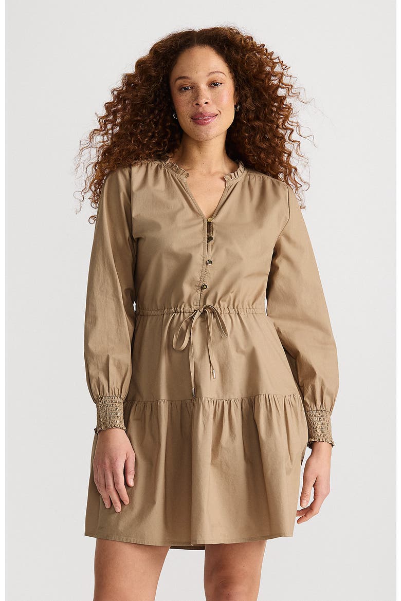 Long Sleeve Cotton Poplin Mini Popover Dress, Main, color, Desert Tan