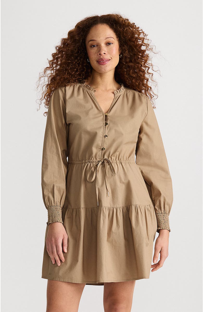 Lands' End Long Sleeve Cotton Poplin Mini Popover Dress, Main, color, Desert Tan