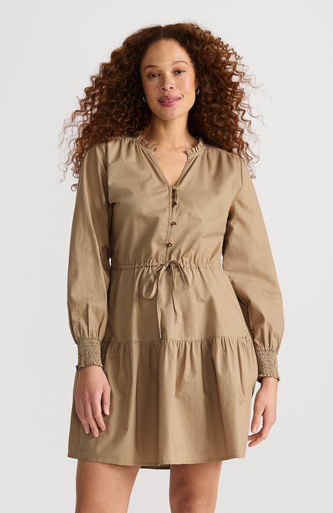 Lands' End Long Sleeve Cotton Poplin Mini Popover Dress