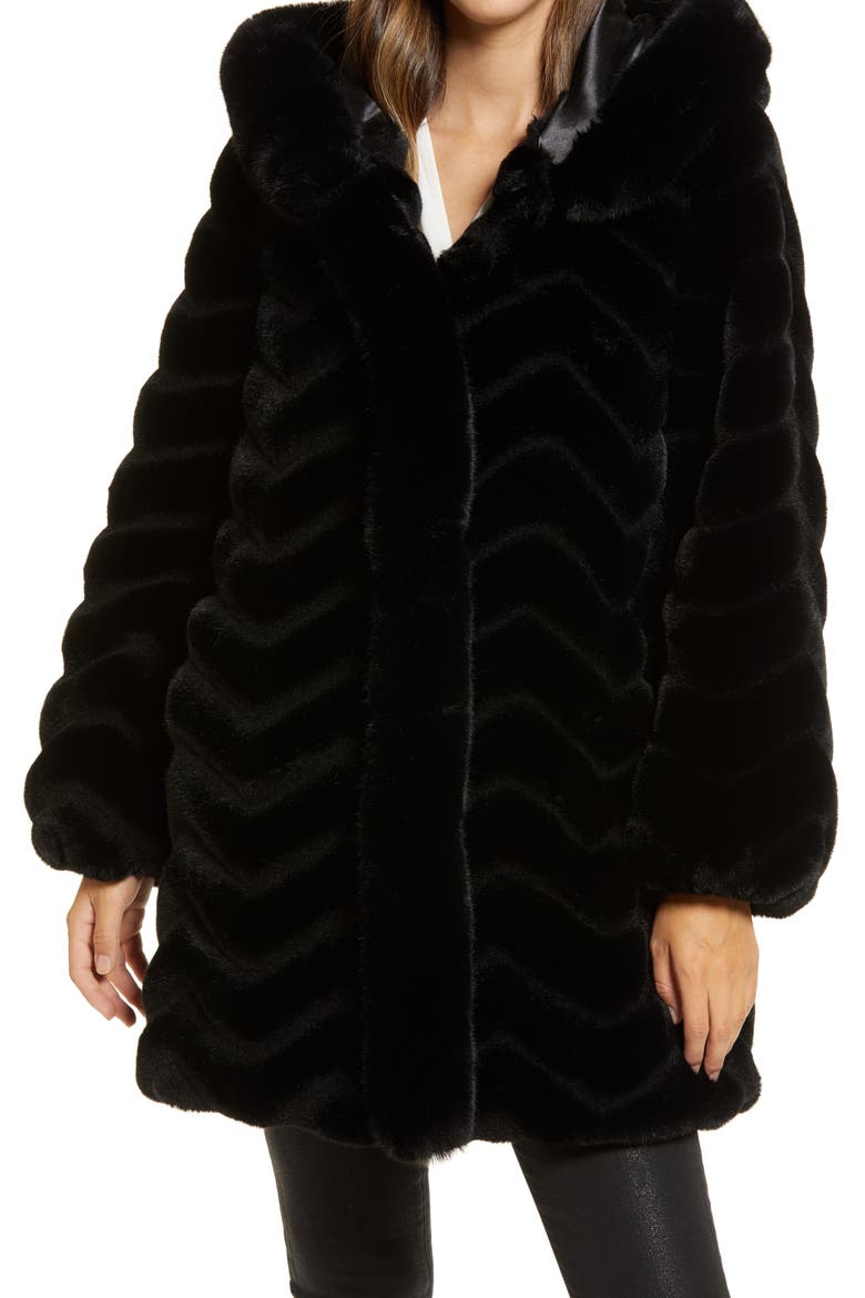 Grooved Faux Fur Hooded Jacket, Alternate, color, BLACK