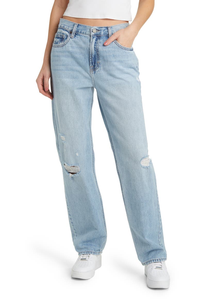 Ripped High Waist Straight Leg Jeans, Main, color, LIGHT WASH