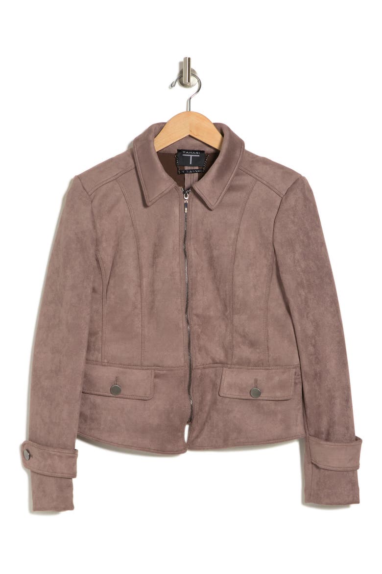 Faux Suede Crop Zip Jacket, Alternate, color, DARK COCOA
