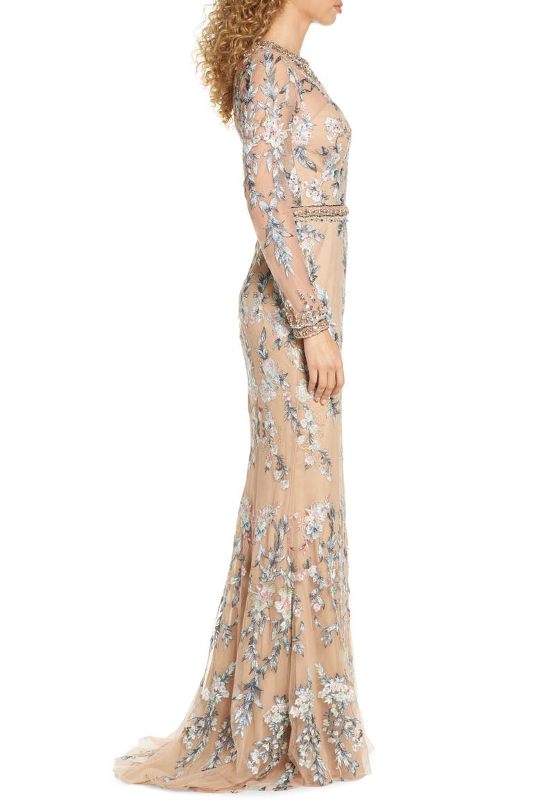Embellished Long Sleeve Lace Gown, Alternate, color, NUDE MULTI