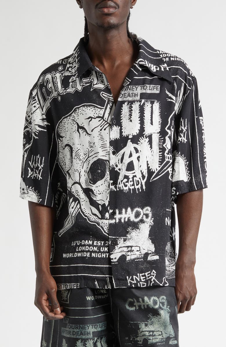 LU'U DAN Punk Flyer Print Camp Shirt, Main, color, Punk Flyer