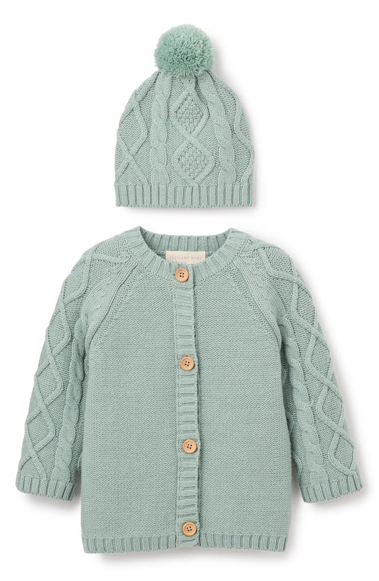 Elegant Baby Diamond Cable Stitch Cotton Blend Cardigan & Hat Set, Main, color, Sage Green