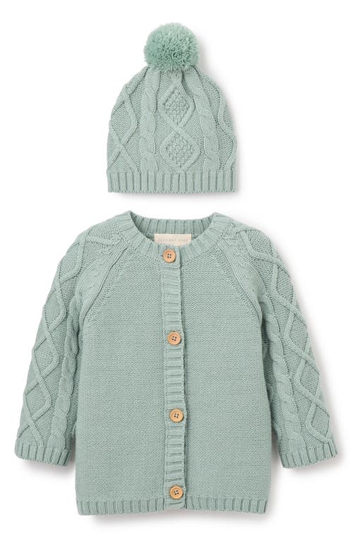 Elegant Baby Diamond Cable Stitch Cotton Blend Cardigan & Hat Set In Sage Green