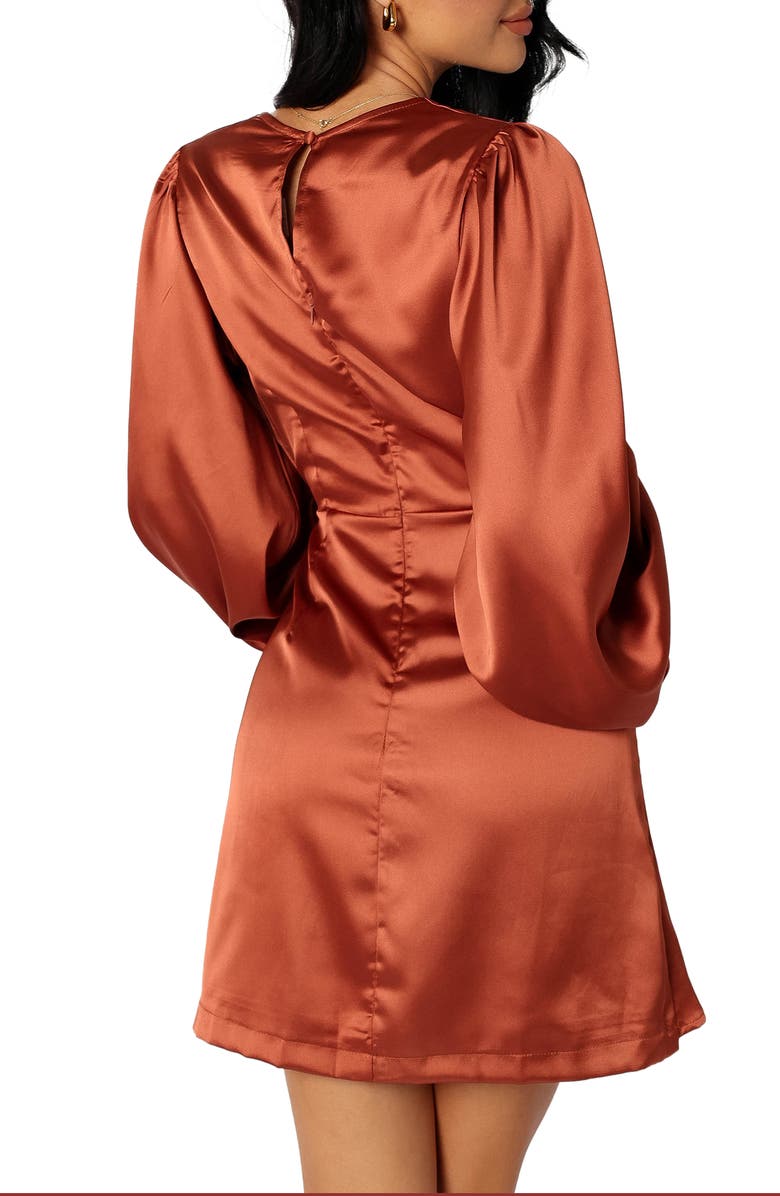 Petal & Pup Opal Tie Waist Long Sleeve Satin Minidress, Alternate, color, Rust