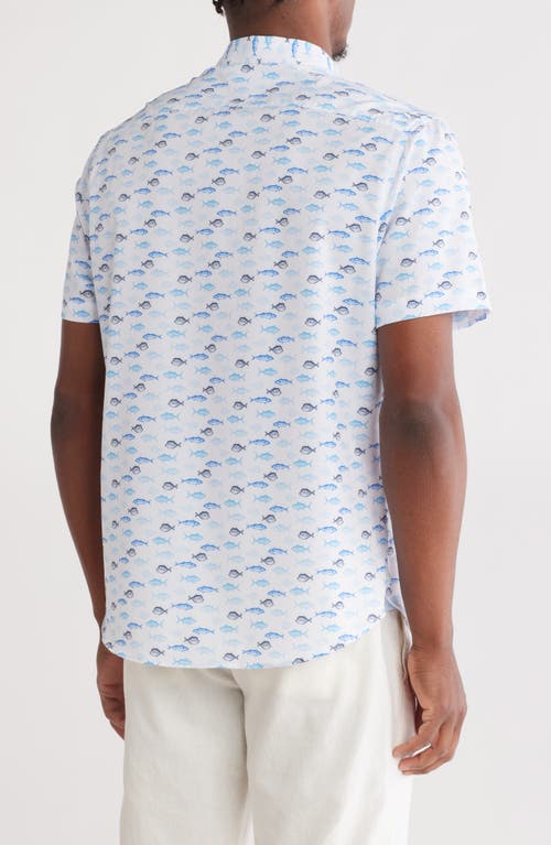 Construct Fish Print Short Sleeve Stretch Button-down Shirt In White