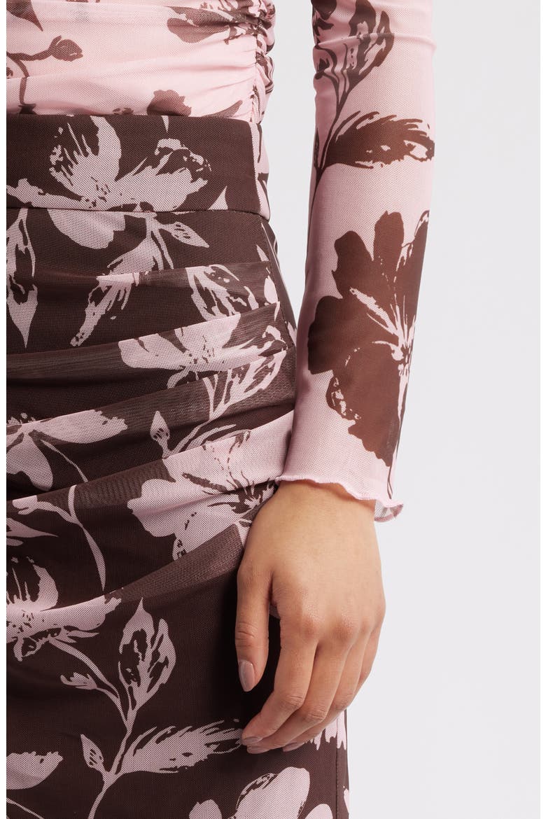 Navida Ruched Mesh Midi Skirt, Alternate, color, PINK BROWN FLORAL