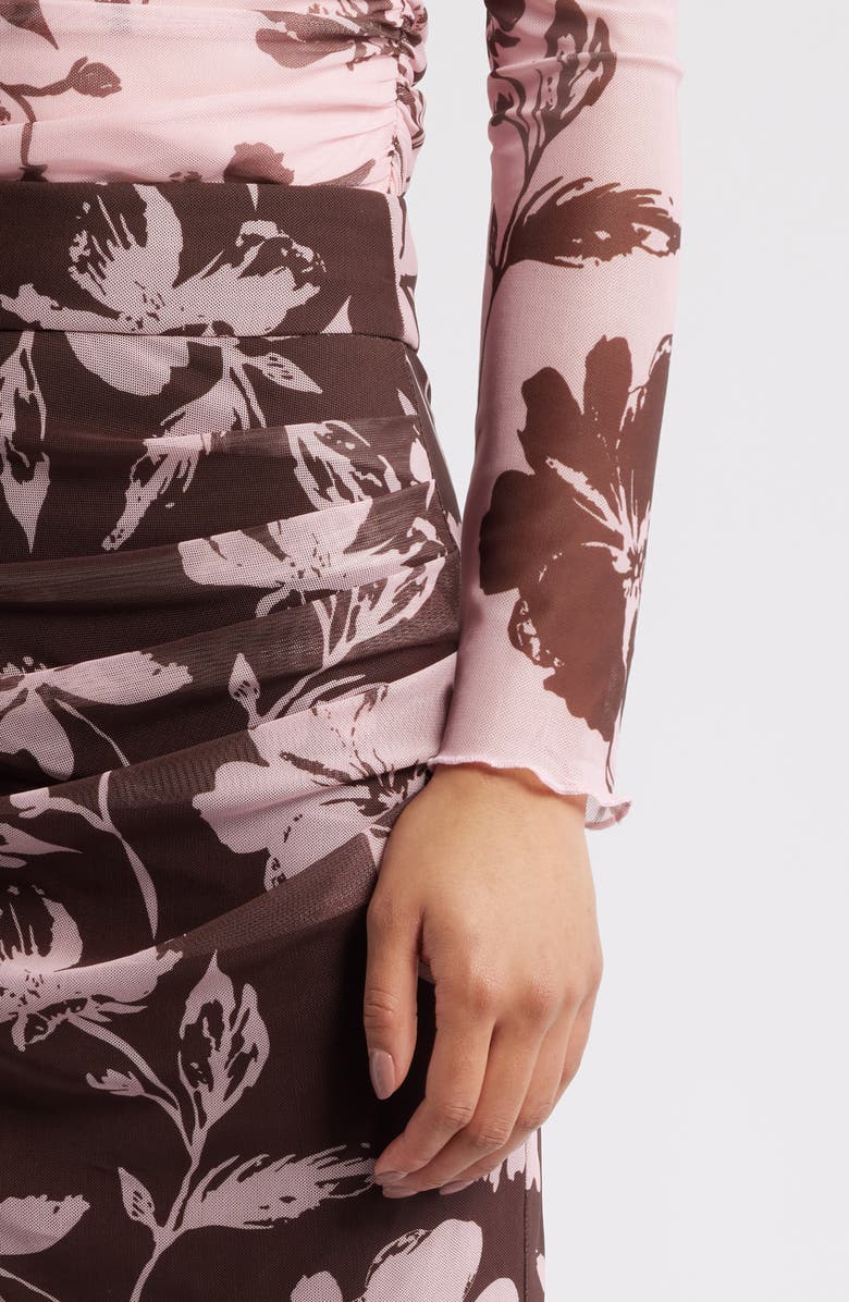 Petal & Pup Navida Ruched Mesh Midi Skirt, Alternate, color, Pink Brown Floral