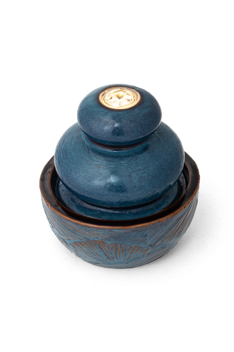 Ceramic Leaf Textured Tabletop Fountain with Pump and LED Light, Alternate, color, Turquoise