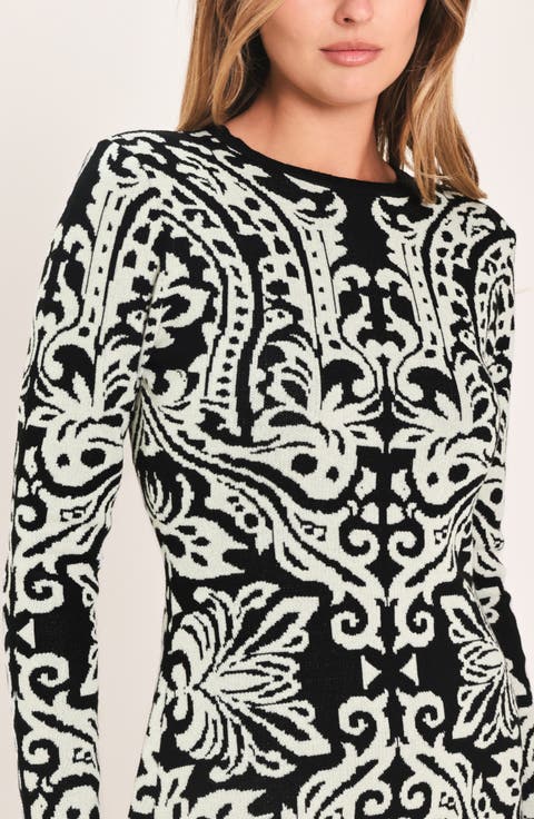 Patterned Long Sleeve Sweater Dress