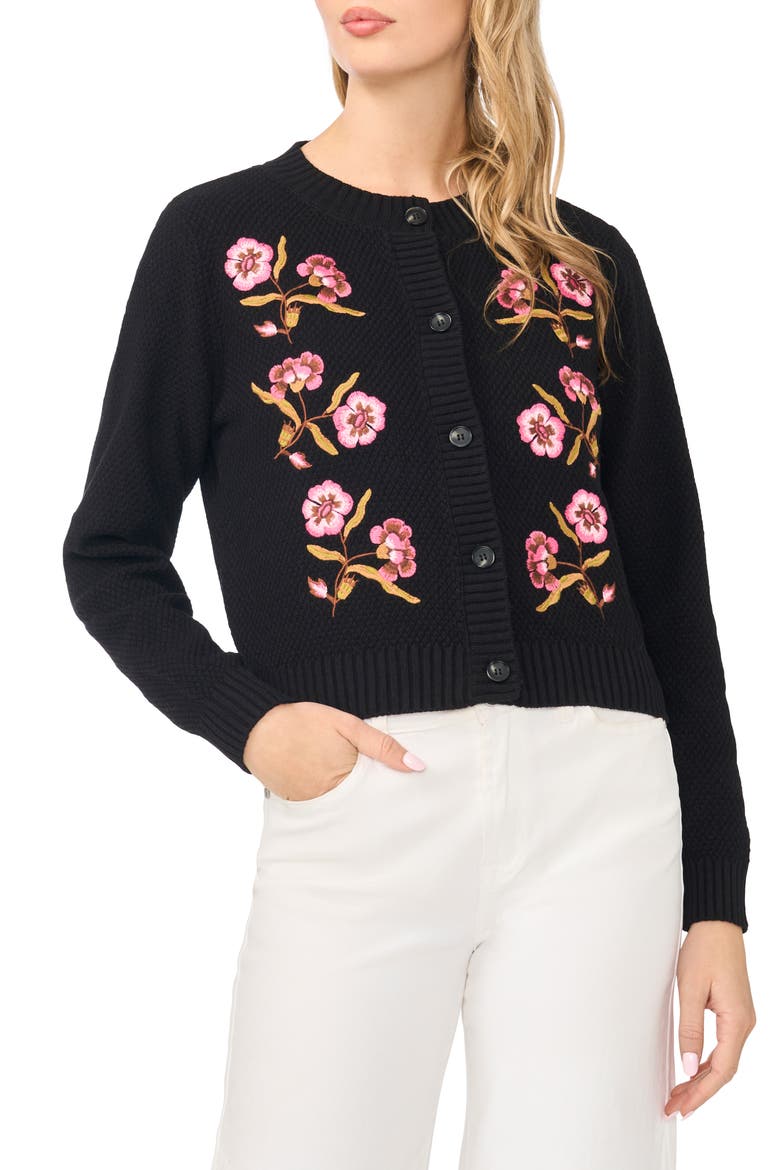 Embroidered Cotton Blend Cardigan, Main, color, RICH BLACK