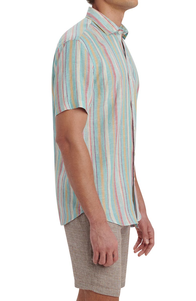 Bugatchi Orson Shaped Fit Stripe Short Sleeve Linen Button-Up Shirt, Alternate, color, Seafoam