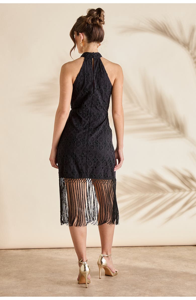 Coast Broderie Embellished Fringe Halter Dress, Alternate, color, Black