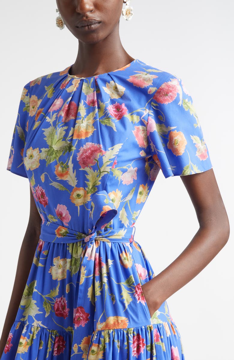 Carolina Herrera Poppy Print Tiered stretch Cotton Midi Dress, Alternate, color, Bluebell Multi
