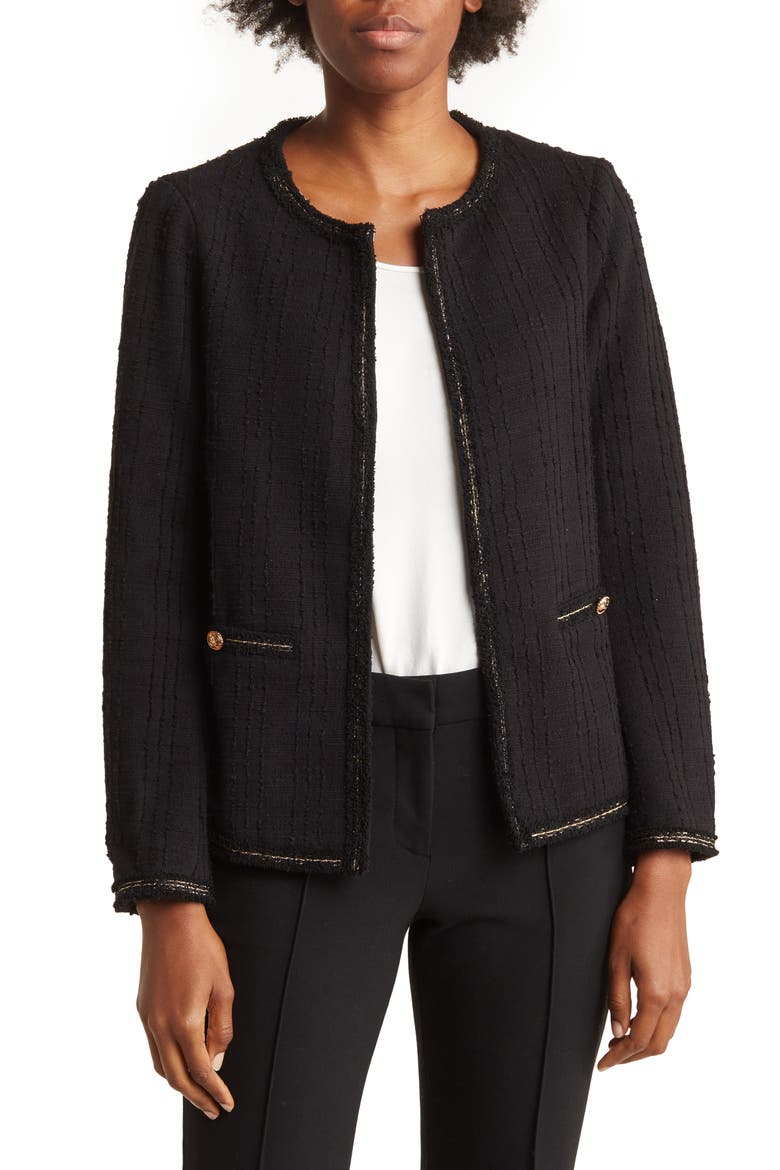 Metallic Trim Tweed Jacket, Main, color, BLACK W/ GOLD