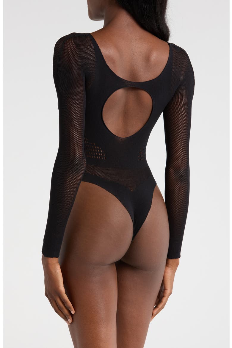 Pretty Long Sleeve Hosiery Thong Teddy, Alternate, color, BLACK