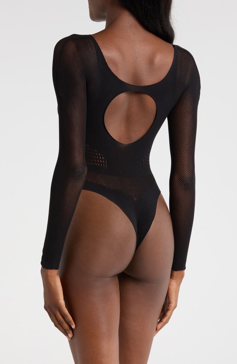 Hauty Pretty Long Sleeve Hosiery Thong Teddy, Alternate, color, Black