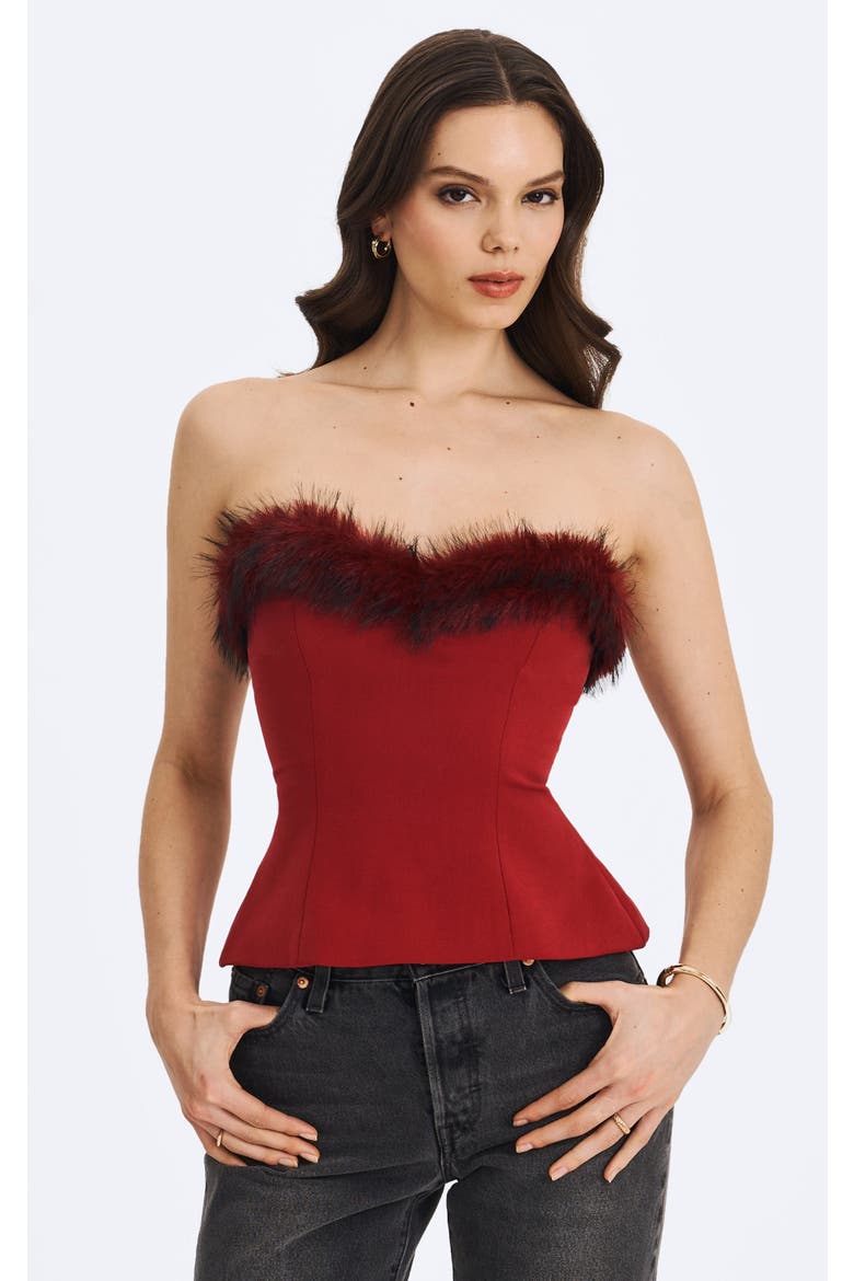 Ivette Faux Fur-Trimmed Peplum Top, Main, color, Crimson