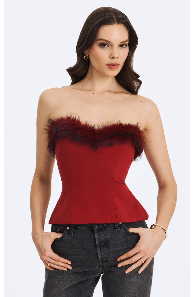 Miss Circle Ivette Faux Fur-Trimmed Peplum Top, Main, color, Crimson