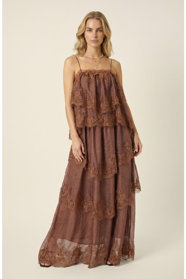 Sleeveless Lace Tiered Leaf Edge Hem Maxi Dress, Main, color, Brown