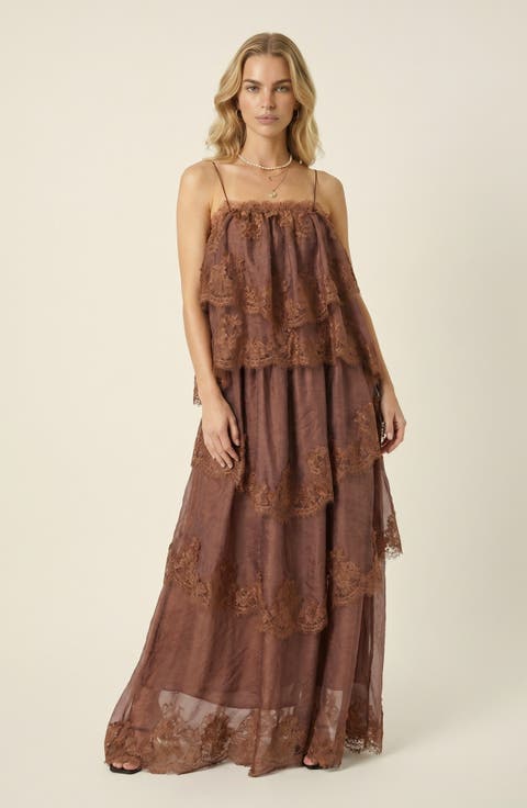 Sleeveless Lace Tiered Leaf Edge Hem Maxi Dress