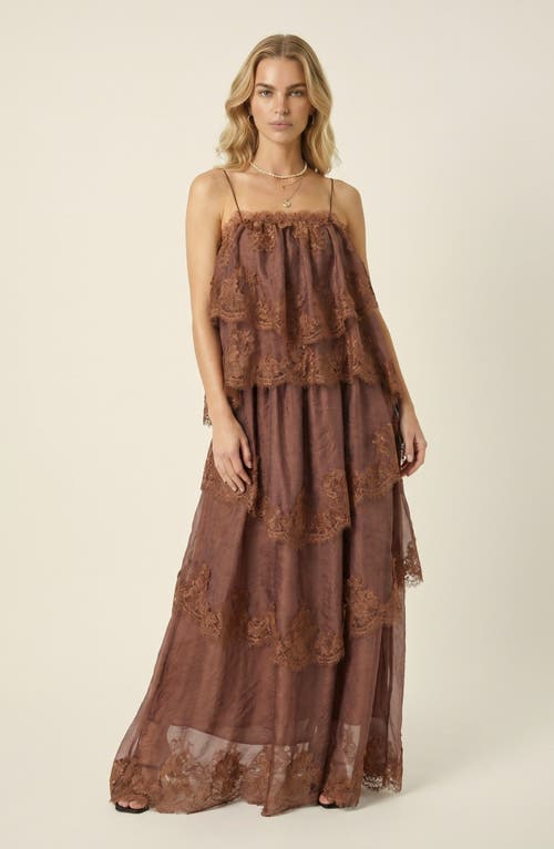 Modenaire Sleeveless Lace Tiered Leaf Edge Hem Maxi Dress in Brown at Nordstrom, Size Medium