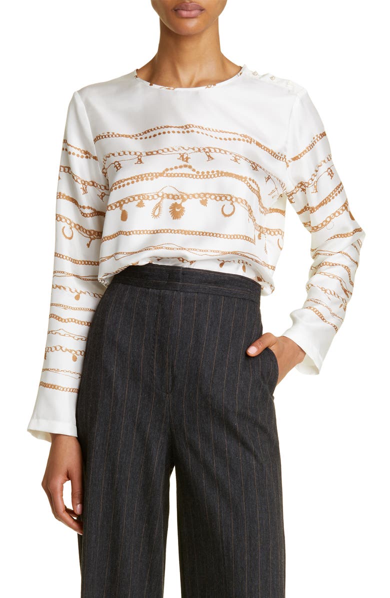 Max Mara Calenda Logo Jewelry Print Silk Blouse, Main, color, 