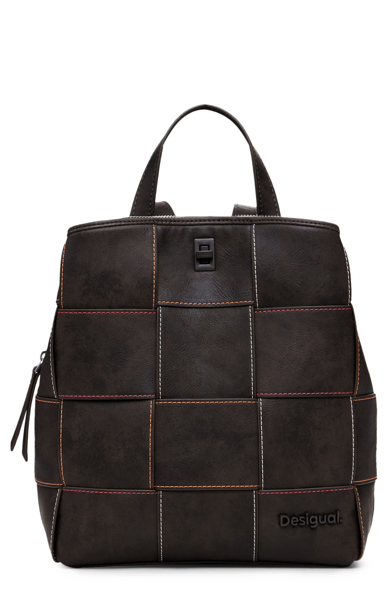 Desigual Mini Woven Faux Leather Backpack, Main, color, Dark Brown