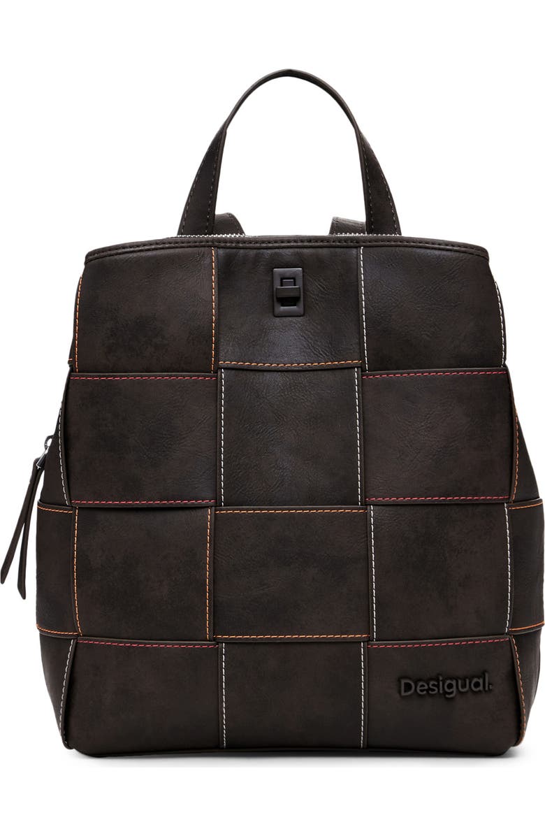 Desigual Mini Woven Faux Leather Backpack, Main, color, Dark Brown