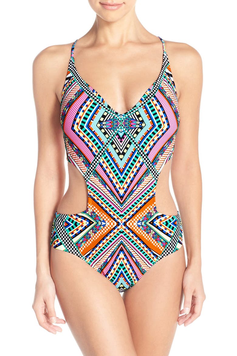 'Venice Beach' Cutout One-Piece Swimsuit, Main, color, BLACK MULTI