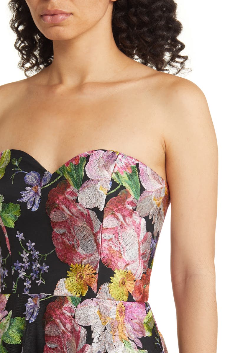 Marchesa Notte Floral Embroidered Strapless Cocktail Dress, Alternate, color, 