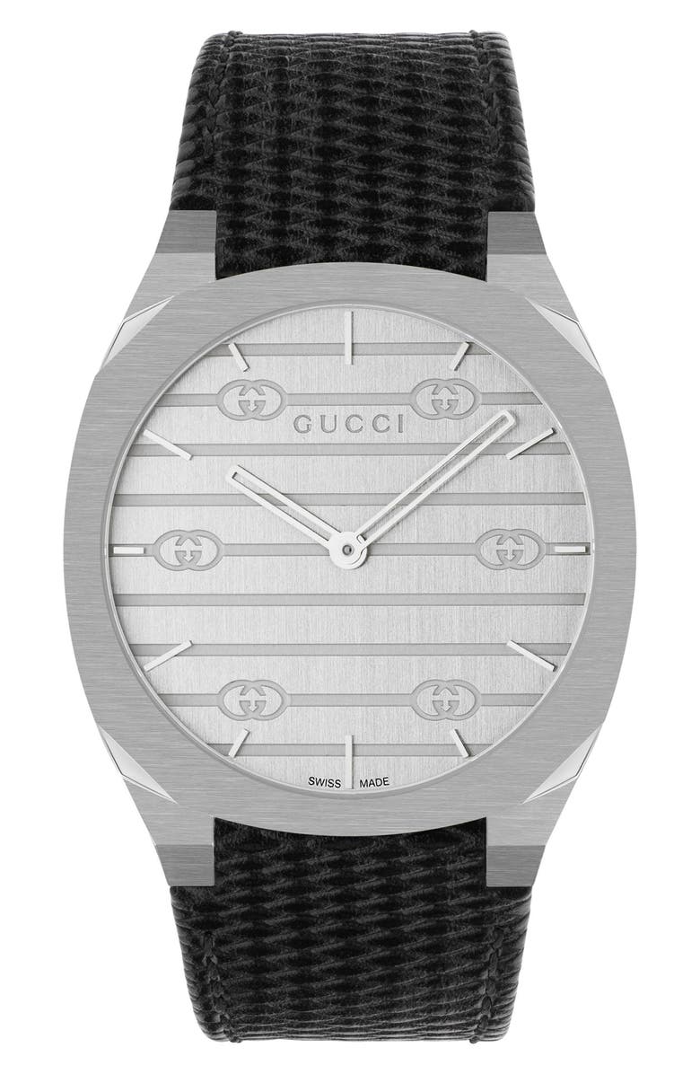 Gucci 25H Leather Strap Watch, 38mm, Alternate, color, 