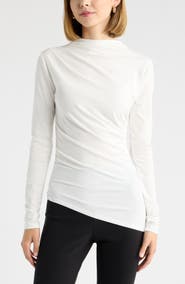 Open Edit Ruched Asymmetrical Mock Neck Top