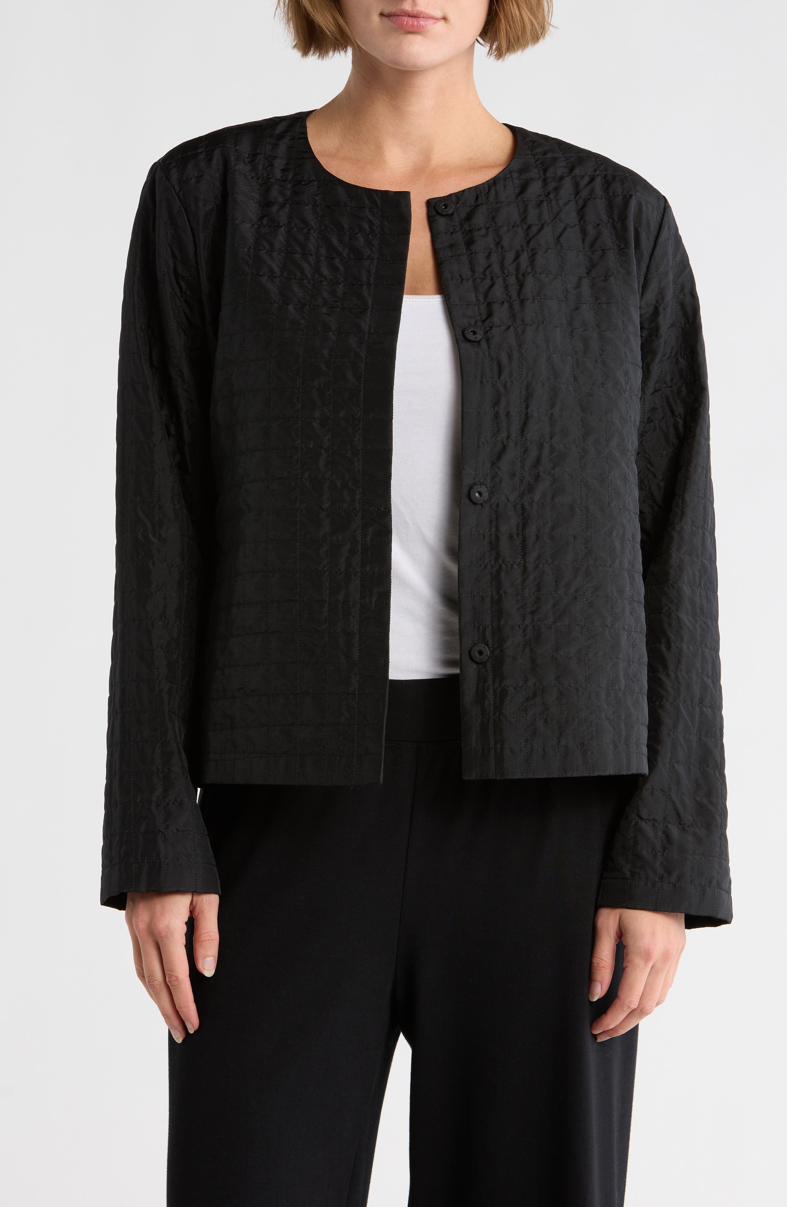 Eileen Fisher Silk Habutai Quilted Round Neck Jacket