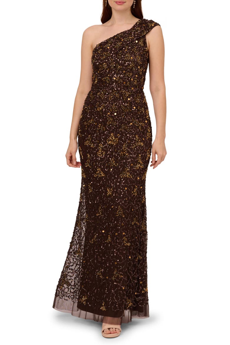 Beaded One-Shoulder Gown, Main, color, CHOCOLATE