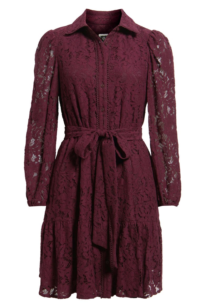 Lace Long Sleeve Tiered Shirtdress, Alternate, color, DARK CHIANTI