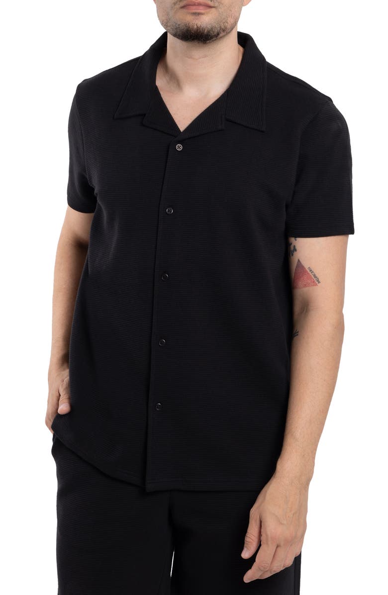 Spring + Mercer Classic Fit Textured Knit Camp Shirt, Main, color, Black