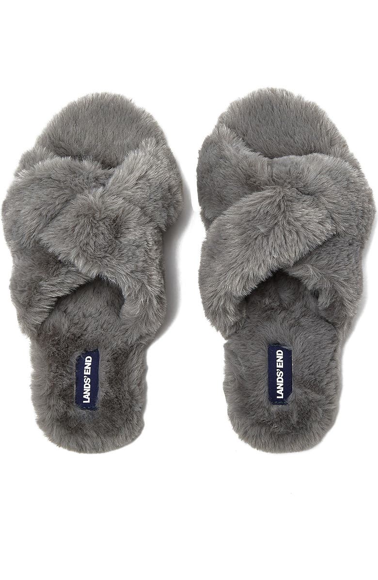 Lands' End Fluffy Slide House Slippers, Alternate, color, Dark Gray