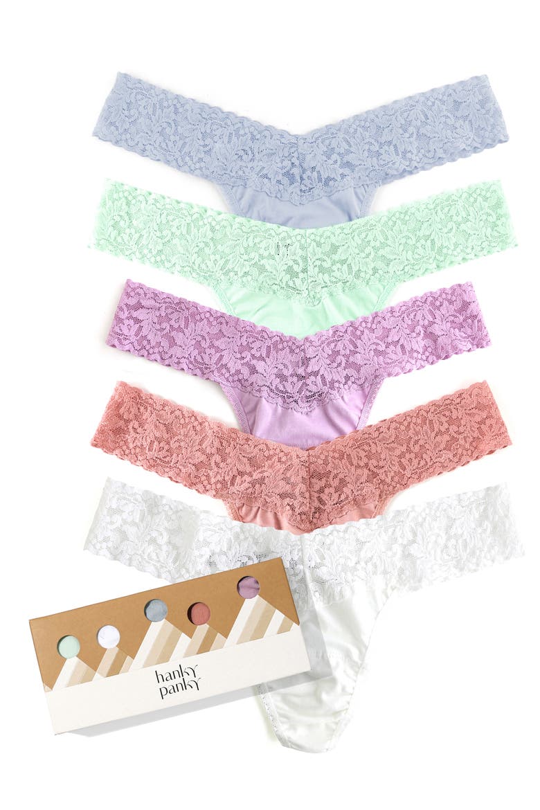 Holiday Assorted 5-Pack Supima® Cotton Low Rise Thongs, Main, color, DVGR/CMBR/ WTLY/RBS/WHT
