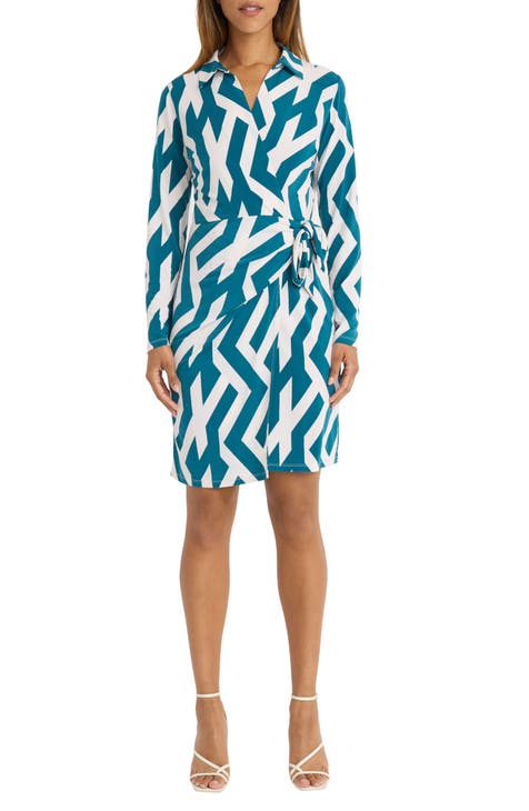 Print Long Sleeve Wrap Shirtdress