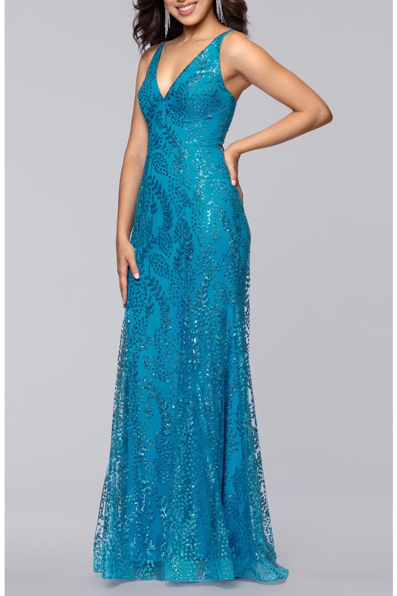 V-Neck Sequin Gown, Alternate, color, AQUA