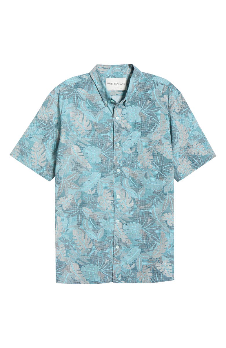 Tori Richard Aero Leaves Short Sleeve Button-Down Shirt, Main, color, Harbor